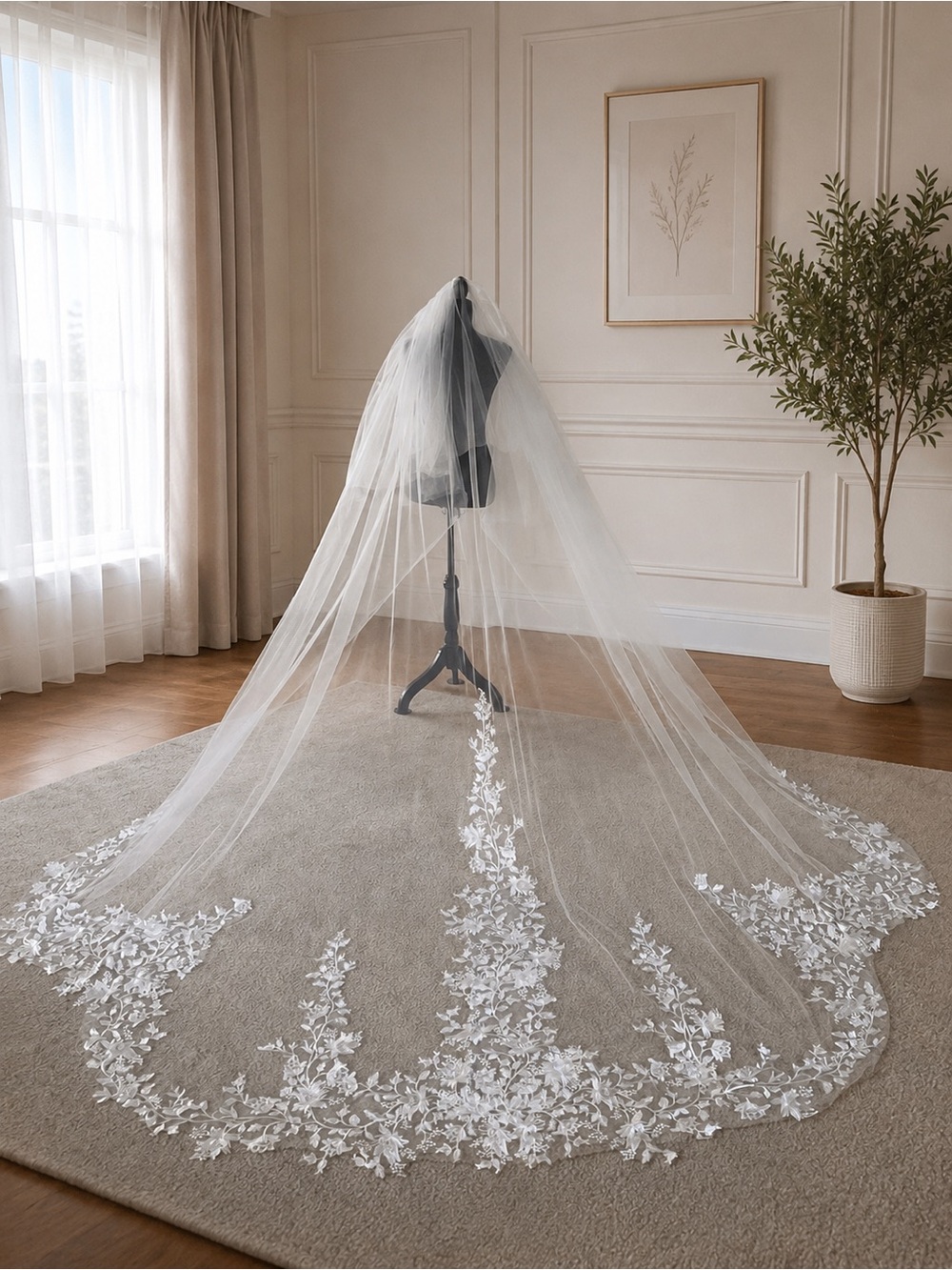 Bridal Cathedral Veil with Lace Appliqué - White